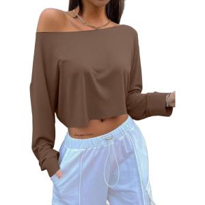 imageAvanova Women Off The Shoulder Crop Tops Long Sleeve T Shirts Oversized Loose TeeBrown