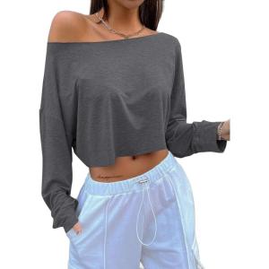 imageAvanova Women Off The Shoulder Crop Tops Long Sleeve T Shirts Oversized Loose TeeDrak Grey