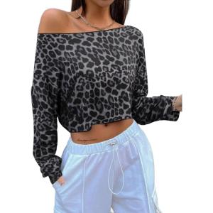 imageAvanova Women Off The Shoulder Crop Tops Long Sleeve T Shirts Oversized Loose TeeGray Cheetah