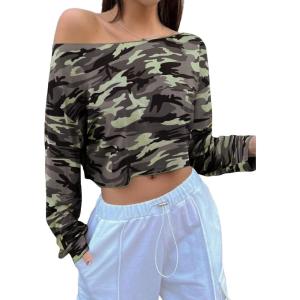 imageAvanova Women Off The Shoulder Crop Tops Long Sleeve T Shirts Oversized Loose TeeGreen Camo