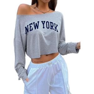 imageAvanova Women Off The Shoulder Crop Tops Long Sleeve T Shirts Oversized Loose TeeGrey Ny