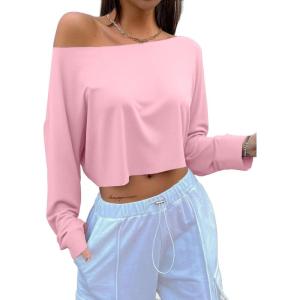 imageAvanova Women Off The Shoulder Crop Tops Long Sleeve T Shirts Oversized Loose TeePink