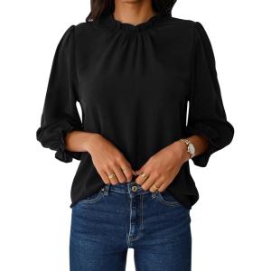 imageAvanova Women Polka Dot Long Sleeve Blouse Shirts Work Mock Neck Ruffle TopBlack