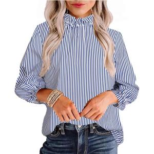 imageAvanova Women Polka Dot Long Sleeve Blouse Shirts Work Mock Neck Ruffle TopBlue Striped