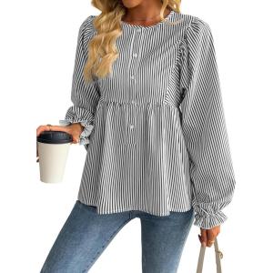 imageAvanova Women Striped Shirt Peplum Babydoll Top Ruffle Long Sleeve BlouseBlack