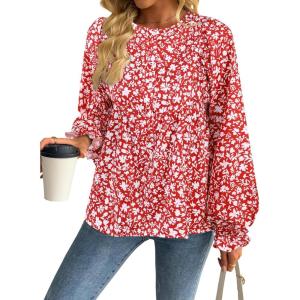 imageAvanova Women Striped Shirt Peplum Babydoll Top Ruffle Long Sleeve BlouseFloral Red