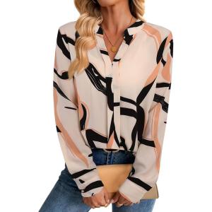 image:imageAvanova Blusas Elegantes para Mujer V Neck Long Sleeve Shirts Fancy Dressy Tops Blouses for WomenBeige Scribble