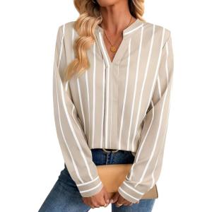 image:imageAvanova Blusas Elegantes para Mujer V Neck Long Sleeve Shirts Fancy Dressy Tops Blouses for WomenKhaki White