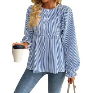 image:imageAvanova Women Striped Shirt Peplum Babydoll Top Ruffle Long Sleeve Blouse Blue Medium