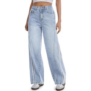 image:imageTapata Womens 28303234 Wide Leg Jeans Side Stripe MidRise Elastic Waist Denim Pants Trendy Baggy Loose TrousersLight Blue