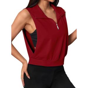 image:imageAvanova Running Shirts Women Sleeveless Zip Up V Neck Golf Workout Gym Athletic Crop Tank TopsRed