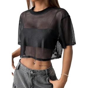 image:imageAvanova Women Sexy Sheer Mesh Crop Top See Through Oversized Short Sleeves ShirtBlack
