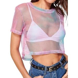 image:imageAvanova Women Sexy Sheer Mesh Crop Top See Through Oversized Short Sleeves ShirtPink
