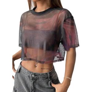 image:imageAvanova Women Sexy Sheer Mesh Crop Top See Through Oversized Short Sleeves ShirtTie Dye E