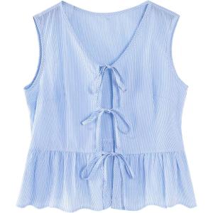 image:imageAvanova Women Striped Tie Front Peplum Tank Tops V Neck Sleeveless Ruffled Hem BlousesBlue