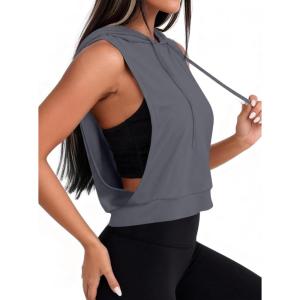 image:imageAvanova Womens Workout Shirts Sleeveless Hoodies Drawstring Open Side Gym Cropped Tank TopDeep Grey