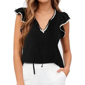 image:imageAvanova Women Contrast Trim Flutter Ruffle Sleeve Blouses Texture V Neck Tops ShirtsBlack