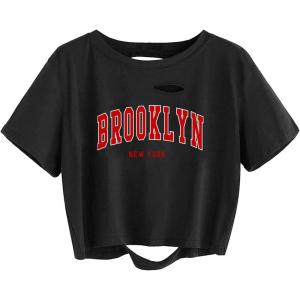 image:imageAvanova Funny Slogan Graphic Tees for Women Distressed Crop Tops Ripped Short Sleeve T ShirtRed Black