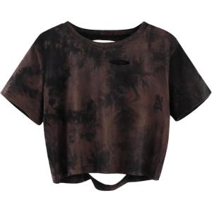 image:imageAvanova Tie Dye Shirt Women Ripped Short Sleeve Crop Tops Distressed Cropped T Shirts for Concert Halloween Goth RockDark Brown