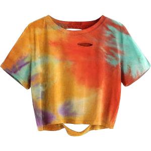 image:imageAvanova Tie Dye Shirt Women Ripped Short Sleeve Crop Tops Distressed Cropped T Shirts for Concert Halloween Goth RockOrange