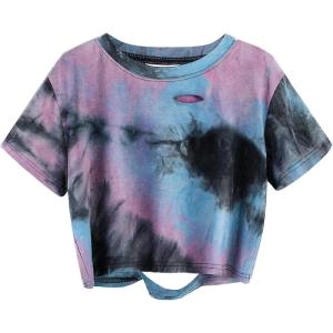 image:imageAvanova Tie Dye Shirt Women Ripped Short Sleeve Crop Tops Distressed Cropped T Shirts for Concert Halloween Goth RockPink Blue