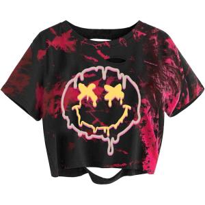 image:imageAvanova Tie Dye Shirt Women Ripped Short Sleeve Crop Tops Distressed Cropped T Shirts for Concert Halloween Goth RockRed