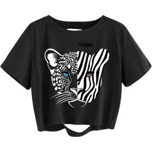 image:imageAvanova Tigers Graphic Cropped Tee Shirts Short Sleeve Crop Tops Distressed Ripped TShirtBlack White