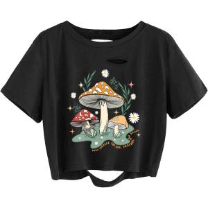 image:imageAvanova Vintage Mushroom Graphic Cropped Tee Shirts Short Sleeve Crop Tops Distressed Ripped TShirtOrange