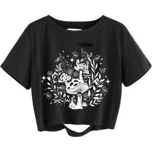 image:imageAvanova Vintage Mushroom Graphic Cropped Tee Shirts Short Sleeve Crop Tops Distressed Ripped TShirtWhite
