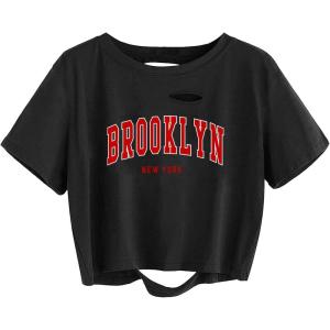 image:imageAvanova Women Crop Tops Brooklyn Graphic Tee Oversized Short Sleeve Distressed Tshirt Black Brooklyn Large