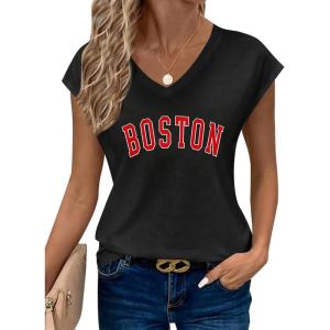 image:imageAvanova Women Graphic Tees Shirt Print V Neck Cap Sleeve Casual T Summer TopsBlack Boston