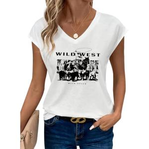 image:imageAvanova Women Graphic Tees Shirt Print V Neck Cap Sleeve Casual T Summer TopsWhite Wildwest