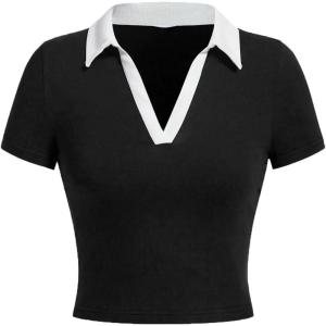 image:imageAvanova Women Polo Collared V Neck Tee Shirts Ringer Short Sleeve Crop TopsBlack
