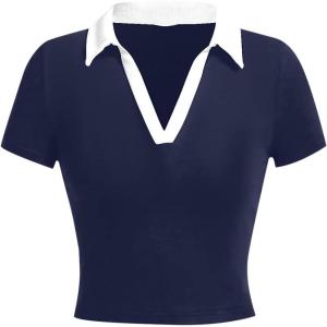 image:imageAvanova Women Polo Collared V Neck Tee Shirts Ringer Short Sleeve Crop TopsBlue
