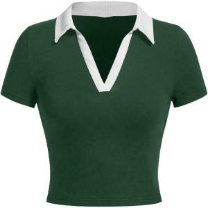 image:imageAvanova Women Polo Collared V Neck Tee Shirts Ringer Short Sleeve Crop TopsGreen