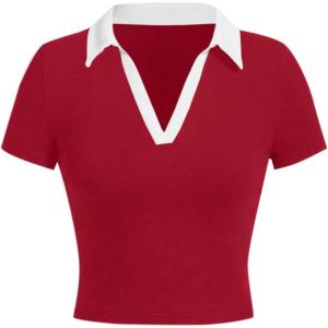 image:imageAvanova Women Polo Collared V Neck Tee Shirts Ringer Short Sleeve Crop TopsRed White