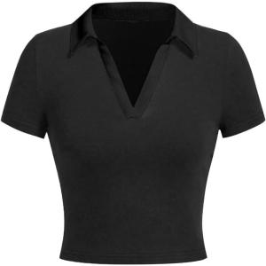 image:imageAvanova Women Polo Collared V Neck Tee Shirts Ringer Short Sleeve Crop TopsSolid Black