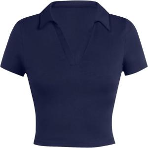image:imageAvanova Women Polo Collared V Neck Tee Shirts Ringer Short Sleeve Crop TopsSolid Blue