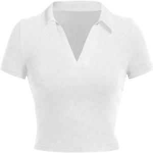 image:imageAvanova Women Polo Collared V Neck Tee Shirts Ringer Short Sleeve Crop TopsSolid White