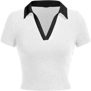 image:imageAvanova Women Polo Collared V Neck Tee Shirts Ringer Short Sleeve Crop TopsWhite