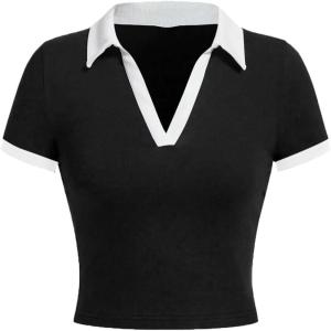 image:imageAvanova Women Polo Collared V Neck Tee Shirts Ringer Short Sleeve Crop TopsWhite Black