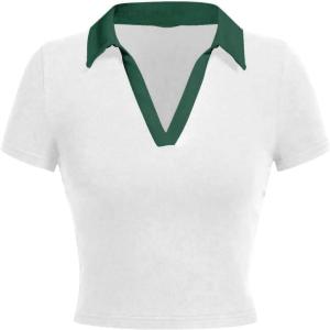 image:imageAvanova Women Polo Collared V Neck Tee Shirts Ringer Short Sleeve Crop TopsWhite Green