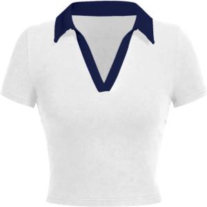 image:imageAvanova Women Polo Collared V Neck Tee Shirts Ringer Short Sleeve Crop TopsWhite Navy