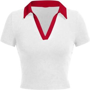 image:imageAvanova Women Polo Collared V Neck Tee Shirts Ringer Short Sleeve Crop TopsWhite Red