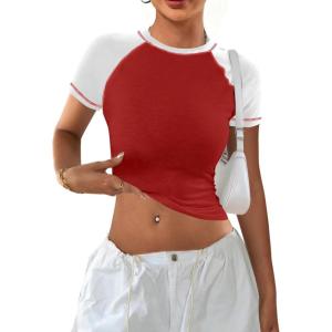 image:imageAvanova Women Raglan Colorblock Baby Tee Shirt Short Sleeve Summer Casual TopsWhite Red