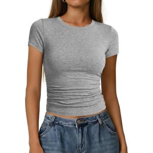 image:imageAvanova Women Side Ruched Crop Tops Short Sleeve Fitted Cropped T Shirts Crewneck Stretchy Basic TeeGrey