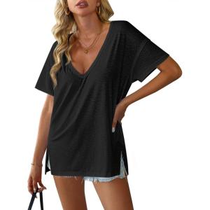 image:imageAvanova Women V Neck Side Slit Split Tee Oversized Short Sleeve T Shirts Summer TopsBlack