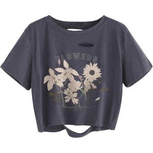 image:imageAvanova Women Vintage Floral Graphic Distressed Crop Tops Ripped Short Sleeve T ShirtGrey Beige