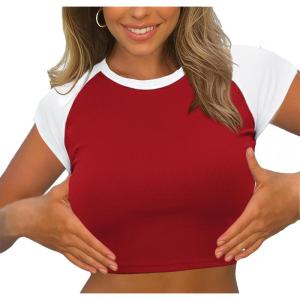 image:imageAvanova Womens Letter Print Tee Short Sleeve Round Neck Slim Fit Crop Top T ShirtWhite Red