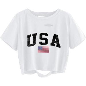 image:imageAvanova Womens USA Flag Graphic Letter Print Distressed Crop Top Short Sleeve Summer Tee USA White Medium